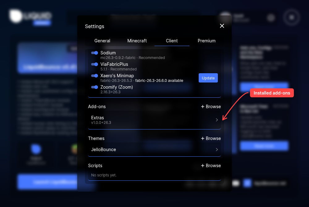 The Client tab in LiquidLauncher