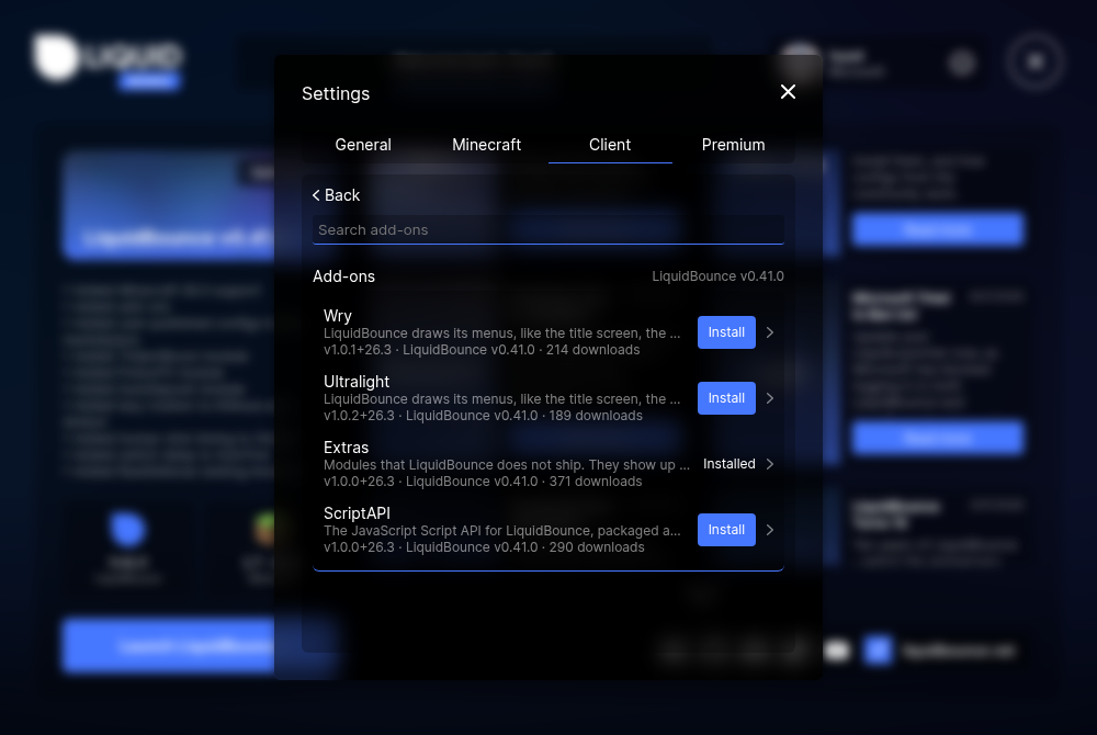 Browsing add-ons in LiquidLauncher