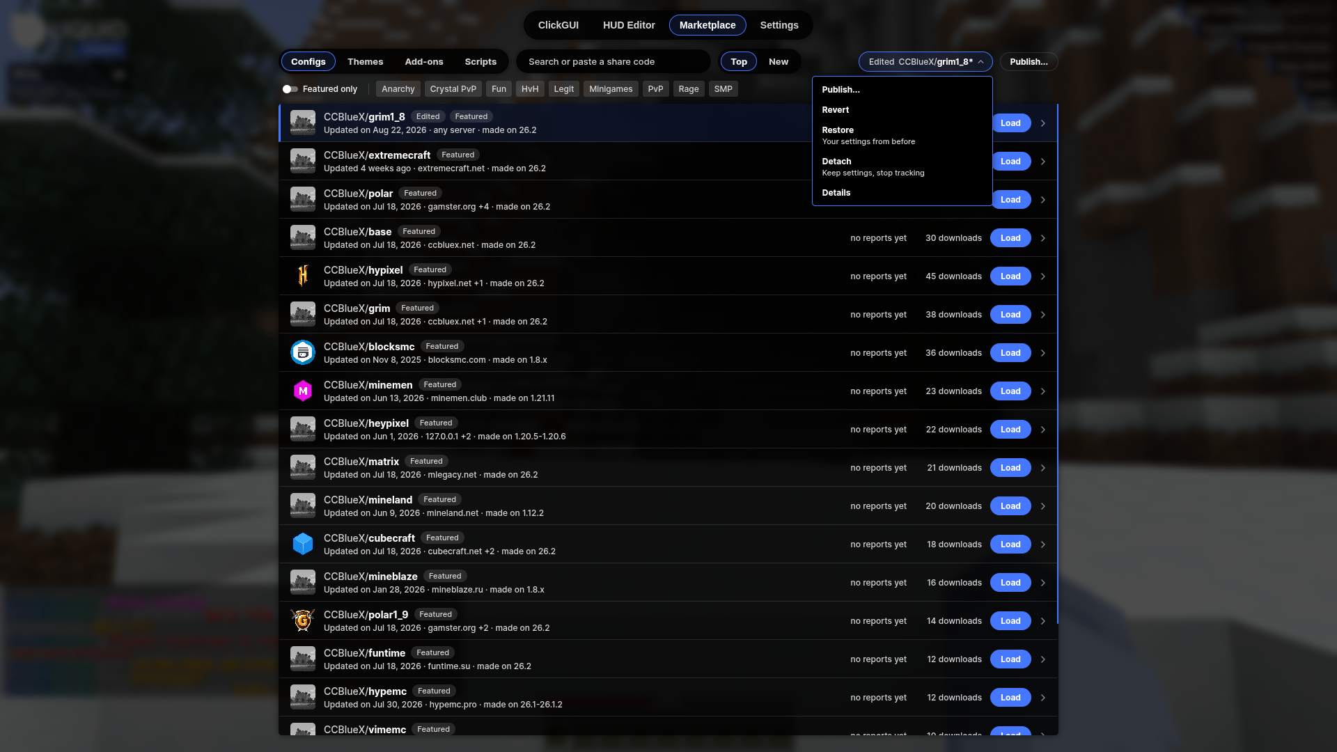The menu of a changed config