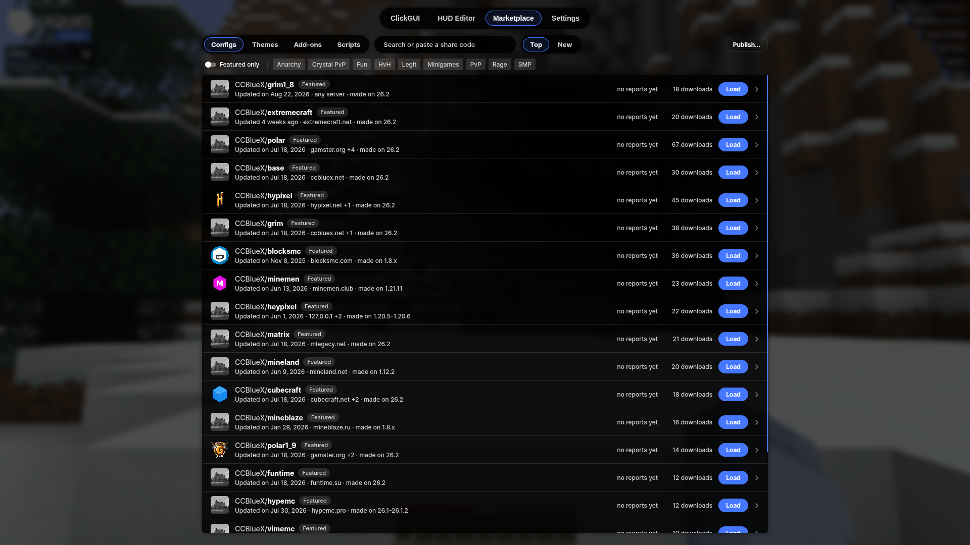 Configs in the Marketplace tab