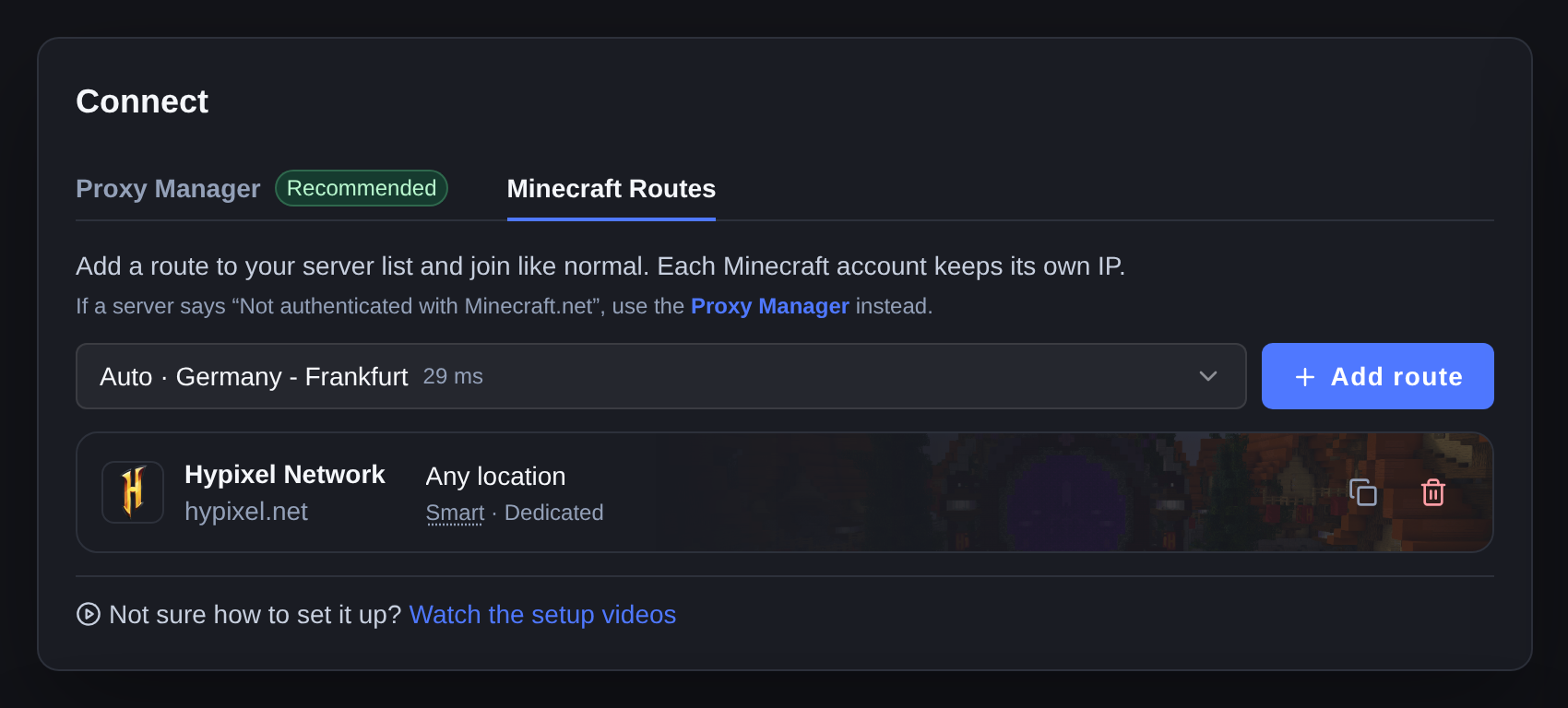 The Minecraft Routes tab